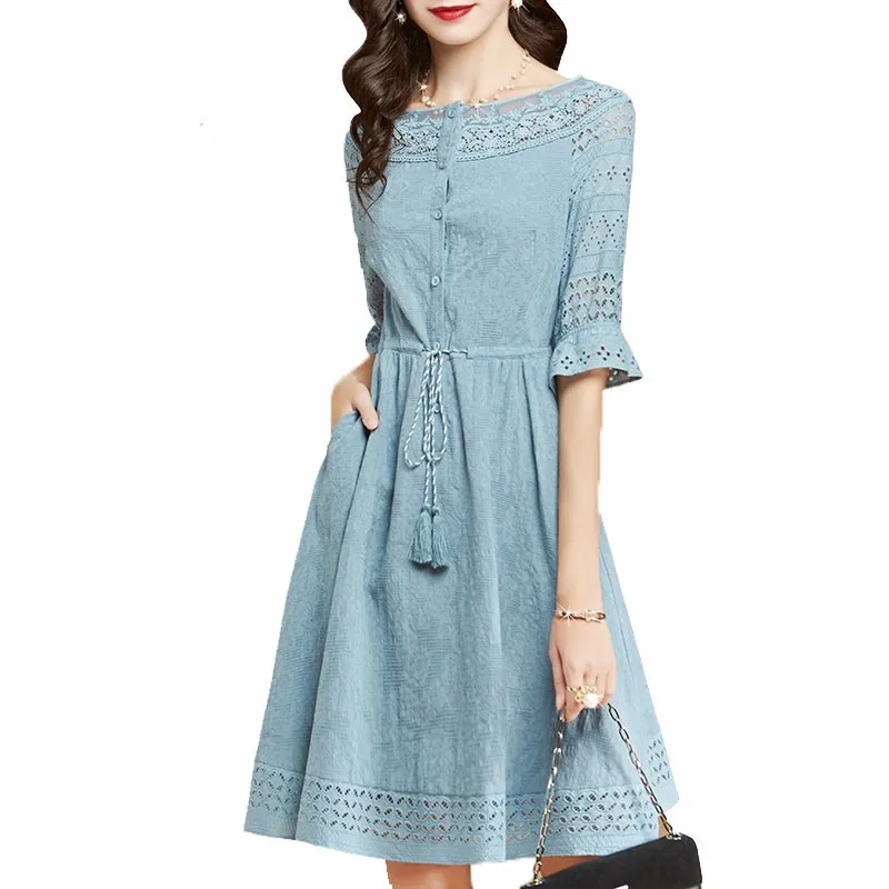 

2019 Summer New Fashion Women Elegant Stylish Sexy O-Neck Casual Vintage Sweet Lace Dress Slim Beach Sundress Vestidos