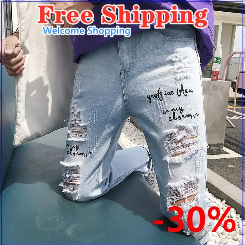 

Super-hot oversized ripped jeans men's broken copper loose-fitting beggar South Korea scraped ninth pants pencil jeans for men