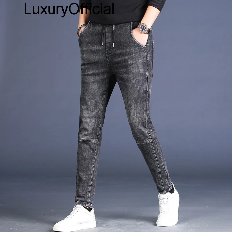 

autumn black high-end jeans slim pants stitched elastic casual pants