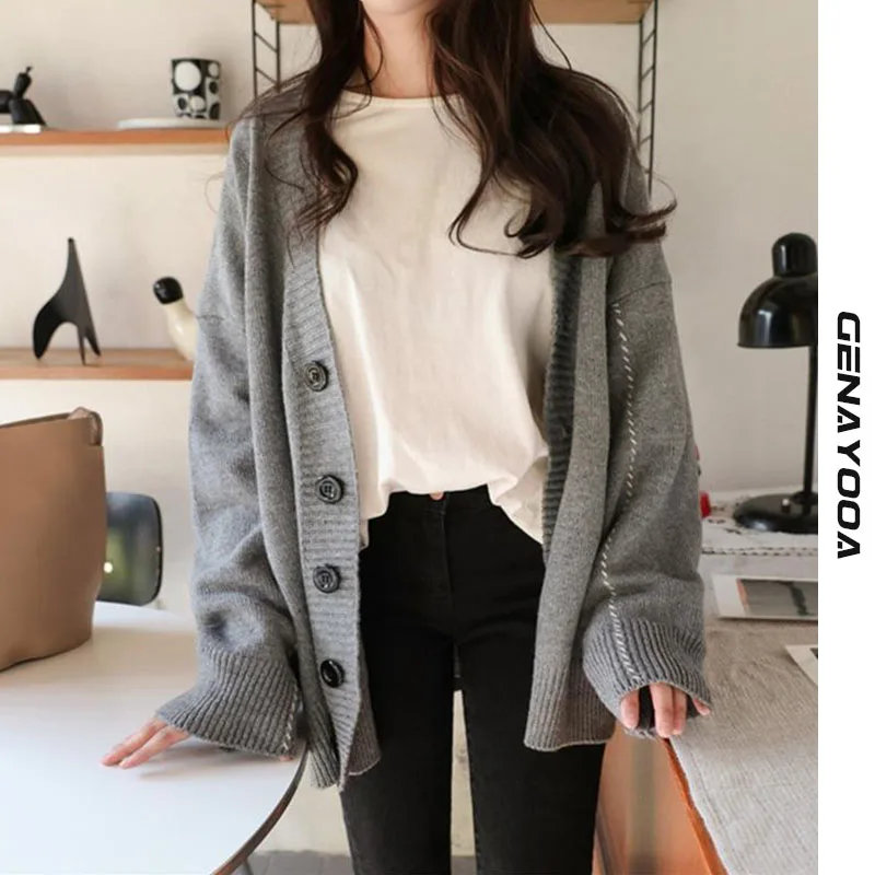 

Genayooa Korean Women Knitted Cardigans Sweater Fashion Autumn Long Sleeve Loose Coat Casual Button Thick V Neck Cardiagn Female