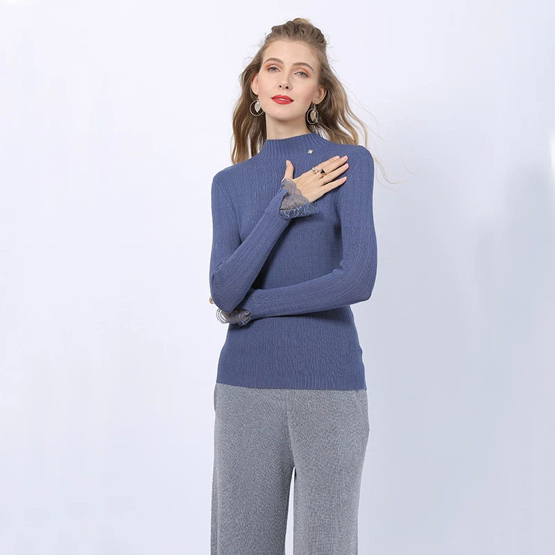 2020 autumn winter lace knit sweater new slimming was thin half-high collar pullover women's bottoming shirt | Женская одежда