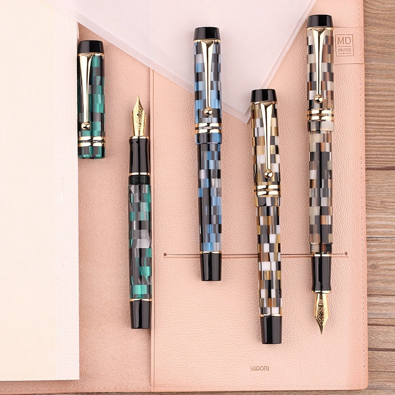 majohn M600 Celluloid Checkerboard Fountain Pen Germany Schmidt Fine Nib 0.5mm Excellent Office Writing Gift Box Pen Supplies