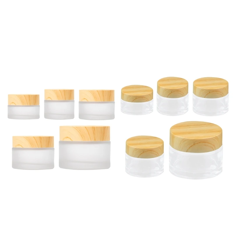 

Набор из 5 пустых флаконов, стеклянная баночка для крема для лица с деревянной крышкой, дозатор крема для глаз многоразовый косметический ко...