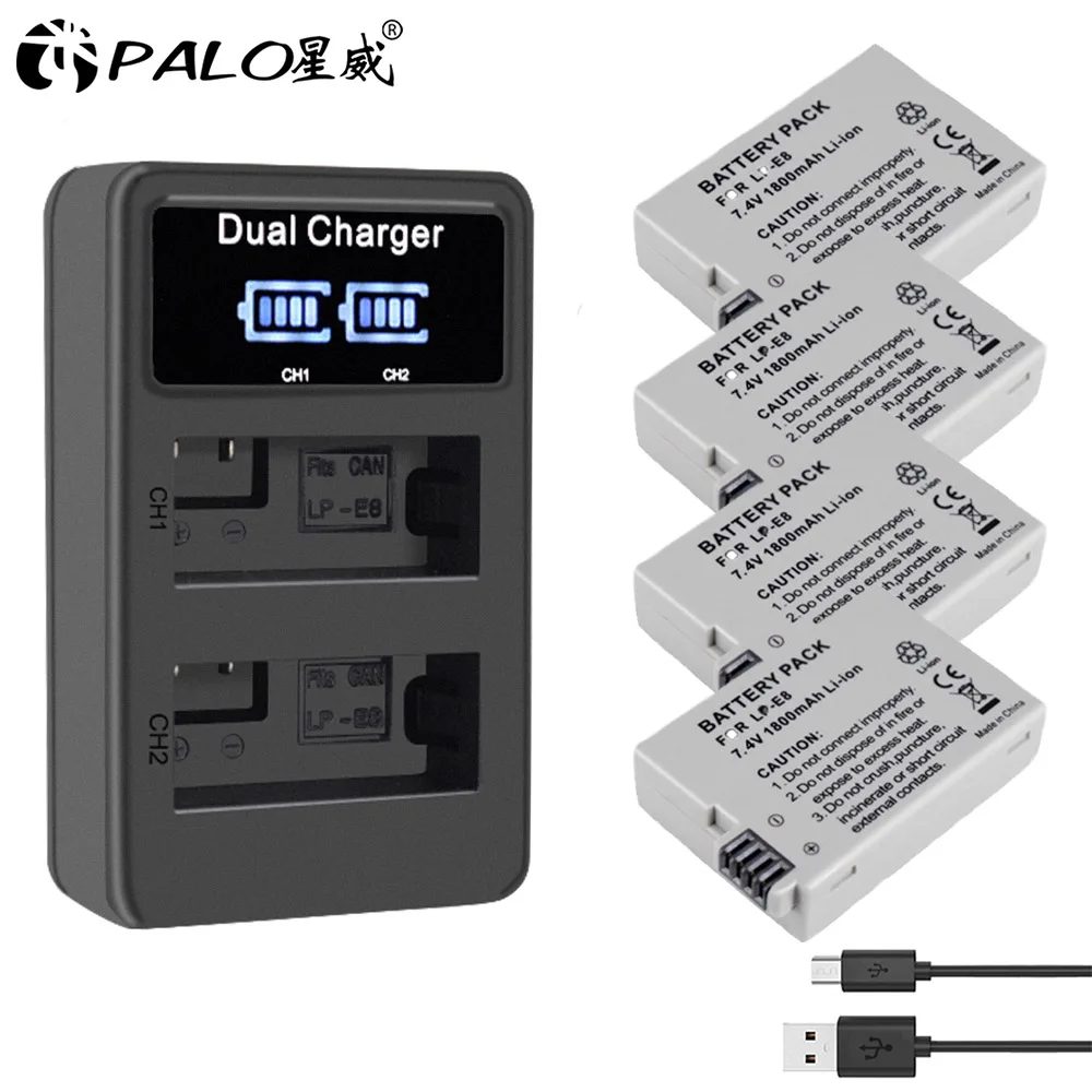 4 battery 1 charger PALO 2 шт. LP-E8 LPE8 батарея для камеры+ lp e8 зарядное устройство lcd Смарт USB Цифровое зарядное устройство для canon EOS 550D 600D 650D 700D X4 X5 X6i T2 - Цвет: 4 battery 1 charger