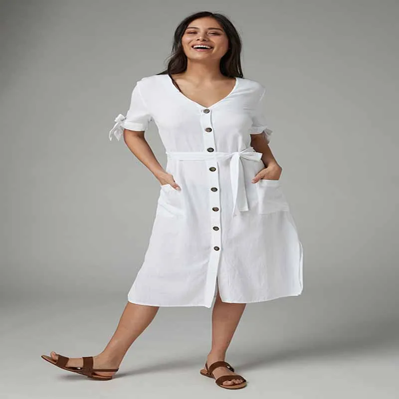 New Multi-Button Design Seaside Resort Beach Dress V-Neck Cotton Female Solid Swimwear Cardigan Bikini Cover Up Mid Dresses