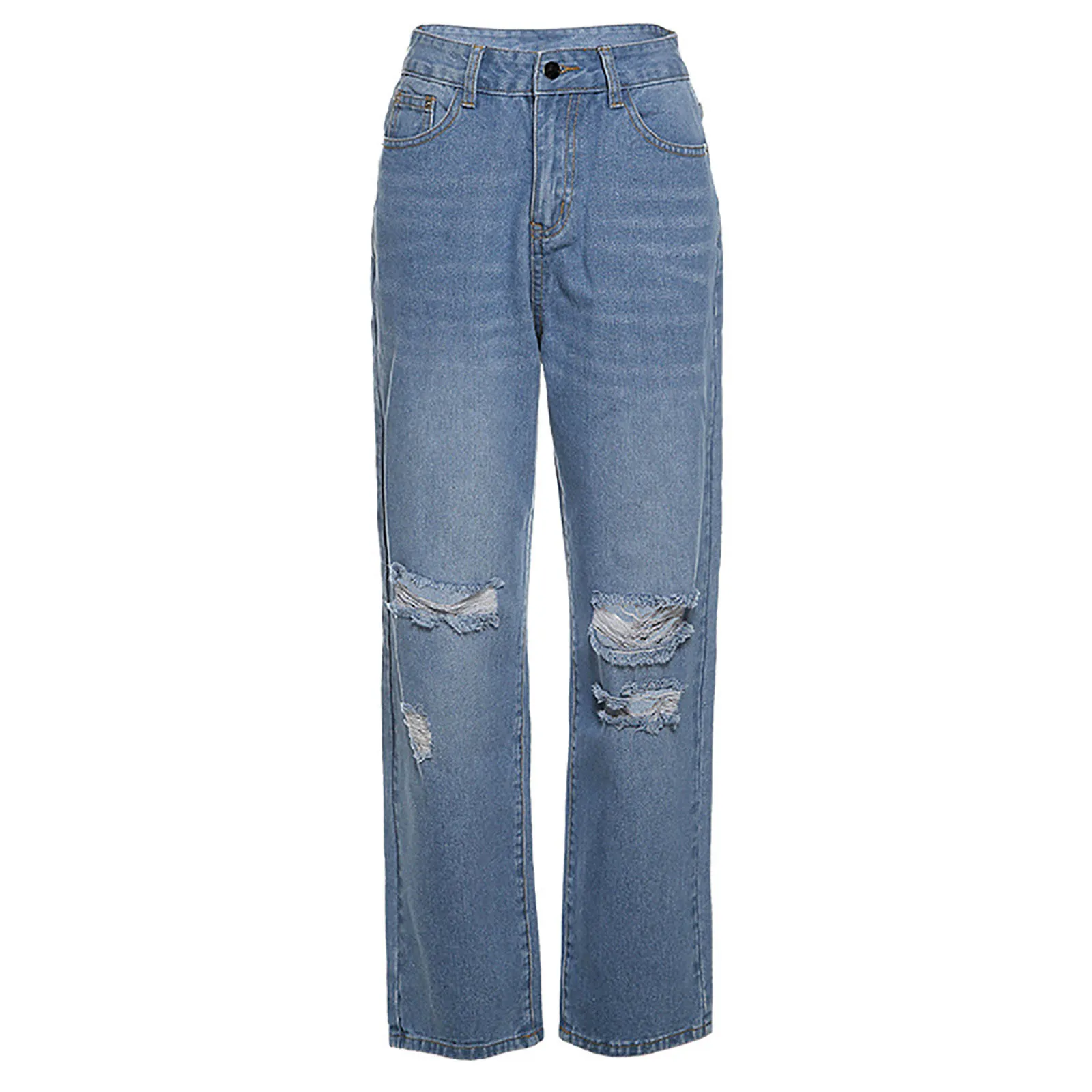 

Blue Women's Pants High Waist Solid Color Hole Ripped Straight Jeans Trousers 2021 pantalon femme Loose Denim Pants Streetwear