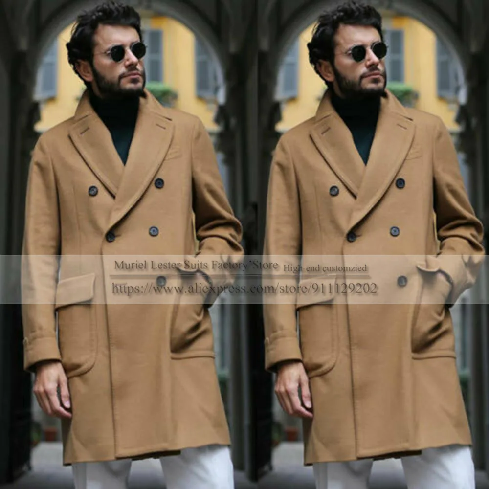 

New Khaki Men's Woolen Overcoat Double-Breasted Peak Lapel Long Outwear Suits Only Jacket Custom Made Smoking Wear Blazere 2021