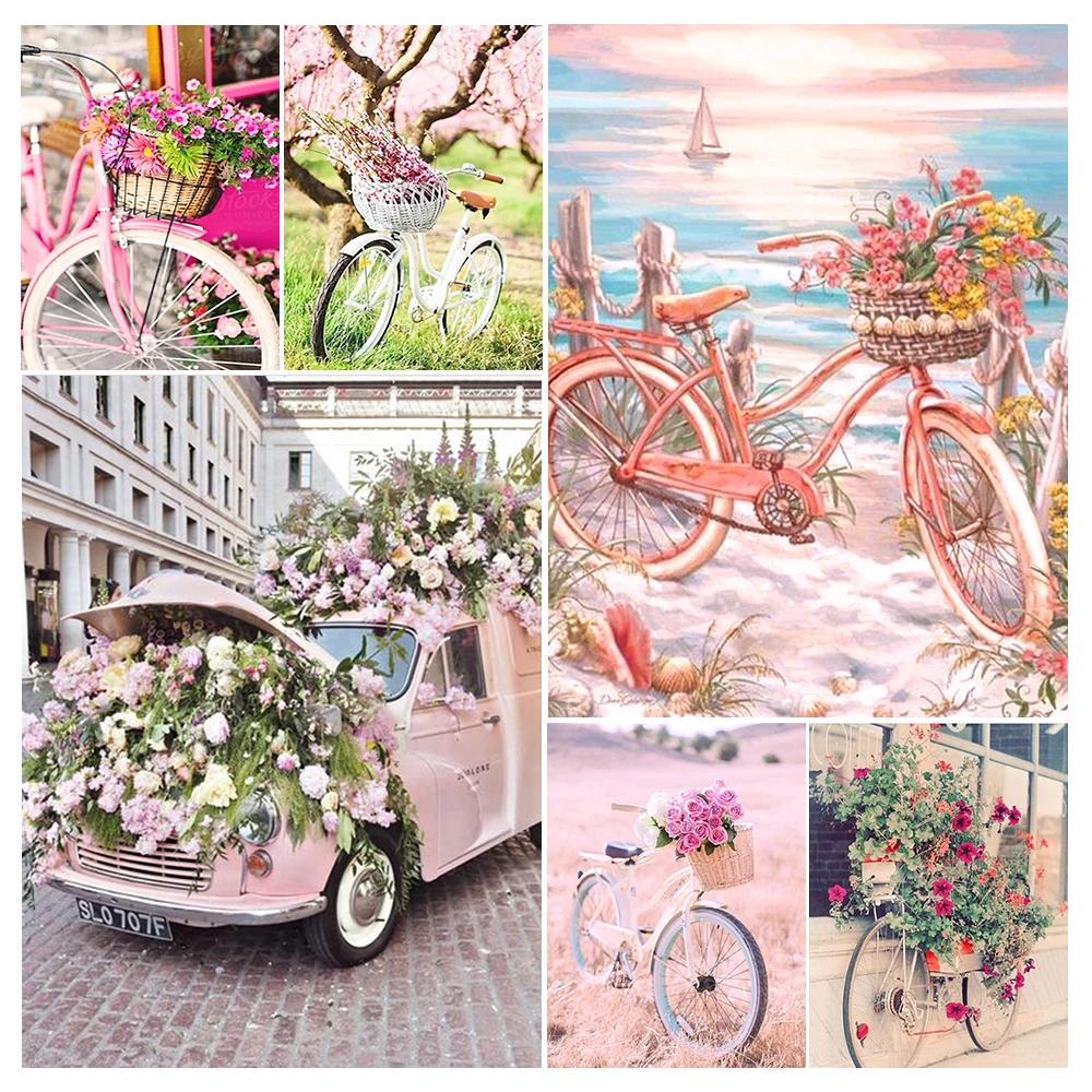 

5D Diamond Painting Full Square/Round Drill Pink Bicycle Car Handmade Gift Cross Stitch Kit Bead Embroidery Landscape Home Decor