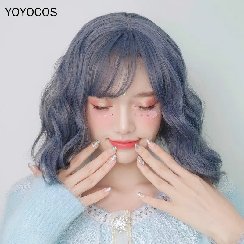 Пепельно-Голубые короткие вьющиеся волосы Kawai Lolita 45 см черный/фиолетовый/тонкий