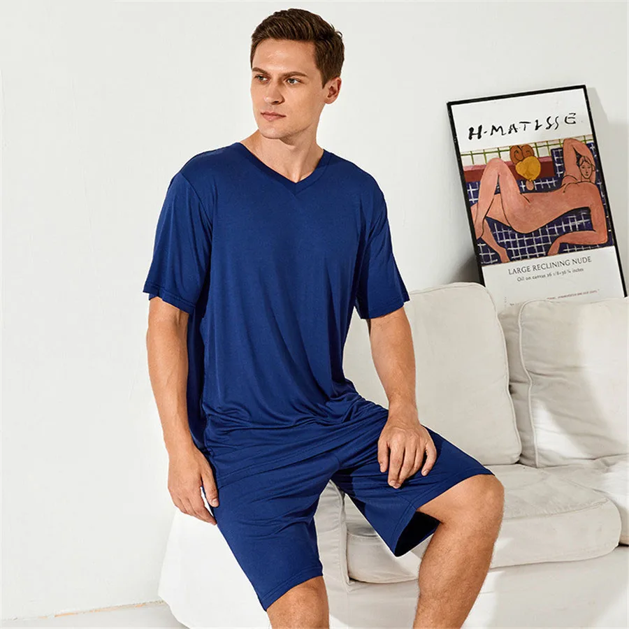 

Men's Pajamas Set Solid Color Casual Comfortable Homewear Two-Piece Elastic Waist Shorts Summer Male Modal Simple Sleepwear