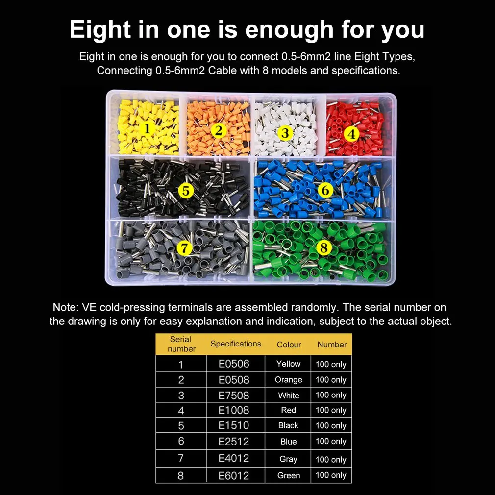 800PCS Terminals Kits Assorted VE Tubular Terminals Insulated Crimp Cable Connector Terminals Electrical Crimp Terminator