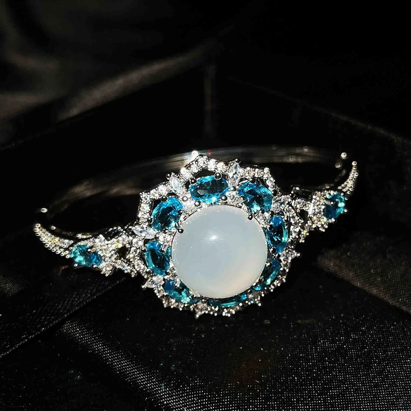 

2021 New Luxury Bracelet Charm Flower With Chalcedony Stone S925 Exaggeration Jewelry For Women Fashion Party Anniversary Gift
