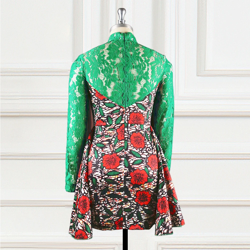 

High Collor Sexy Party Christmas Date Night Vestidos Women Printed Floral Dress See Through Green Lace Patchwork Long Sleeves