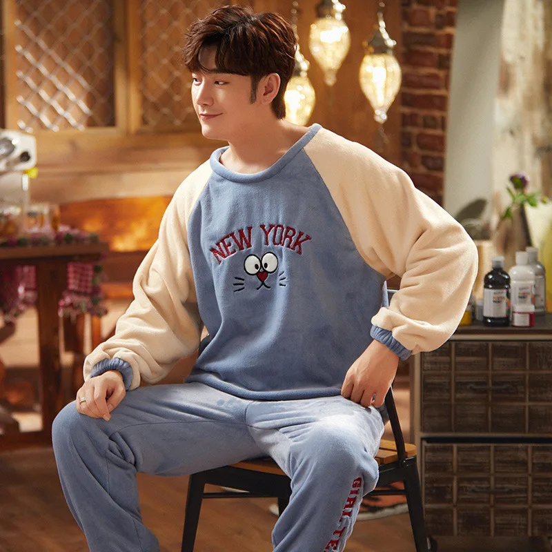 Sleepwear Men Sleeping Suit for Men Thick Long Sleeve Pajamas Set Flannel Warm Autumn Winter Home Service O-neck Letter printing