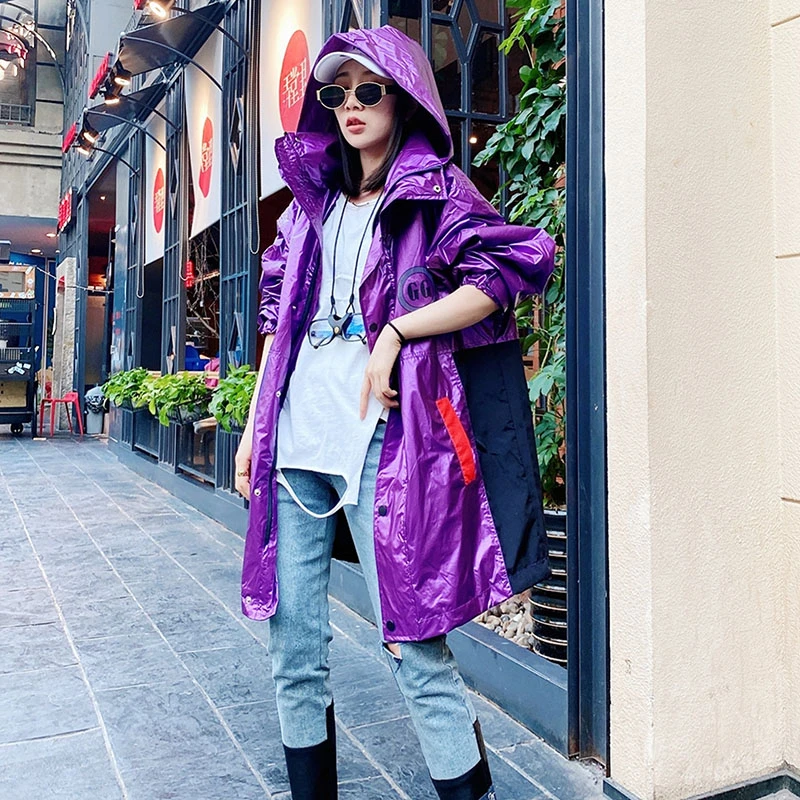 Новинка осени 2020 яркая серебристо фиолетовая Женская ветровка с капюшоном