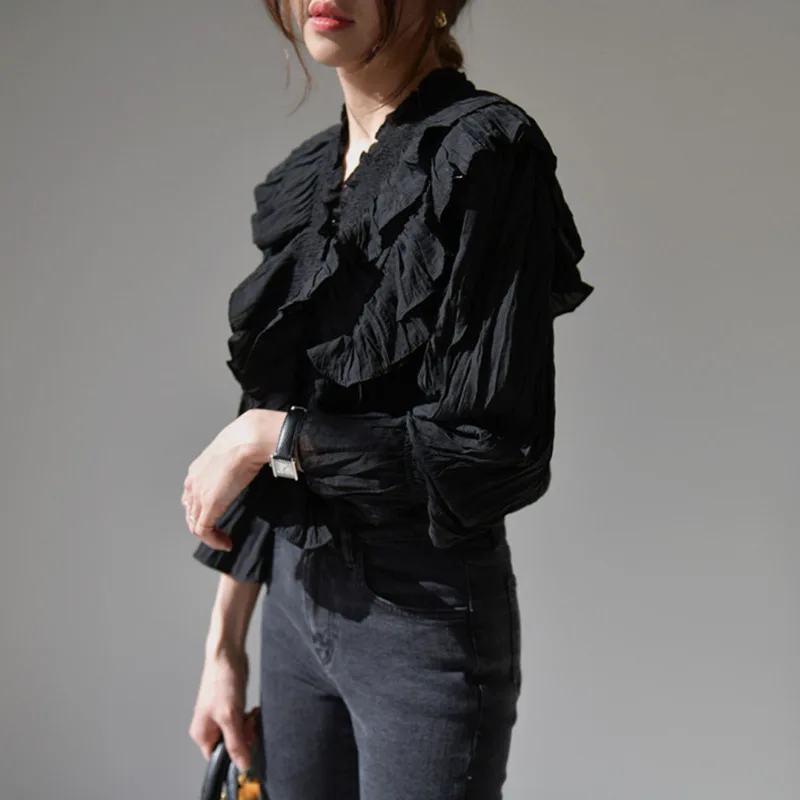 

Vintage V-neck Ruffle Blouse Women 2020 New Women's Spring Autumn Long Sleeve Solid Chiffon Shirts Female
