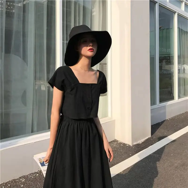 

Summer Women's Two Piece Set Skirt Short Sleeved Top + High Waist A-Line Half-Length Skirt 2021 New Fashion Female Skirt Suits