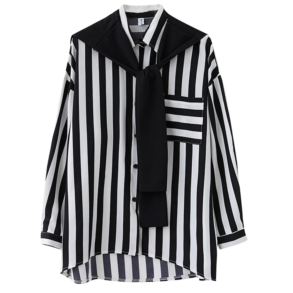 

BIG SIZE Spring Autumn Women Fashion Elegant Stripe Tops Ladies Female Plus Large Long Sleeve Casual Cotton Blouse Shirt + Scarf
