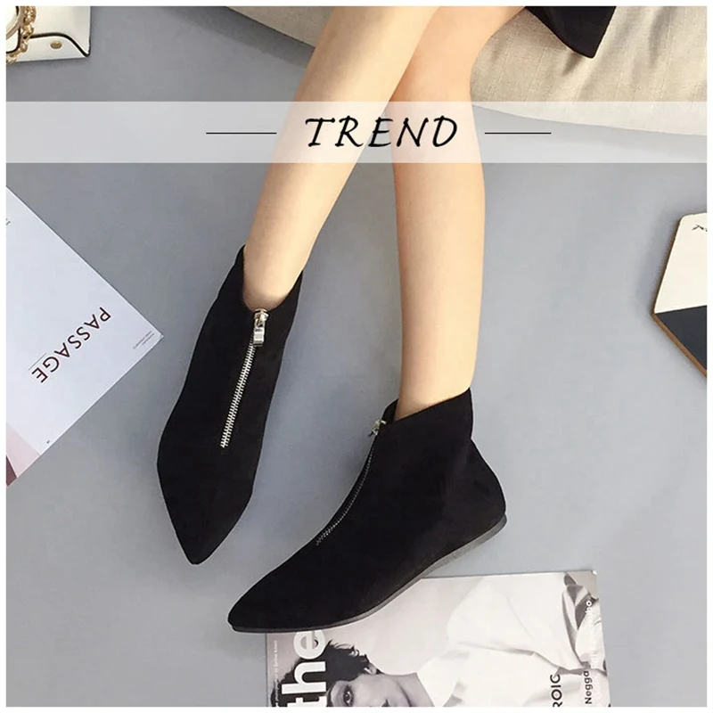 SUOJIALUN/Женская обувь; Новинка года; короткие ботинки; ботильоны из флока с острым носком; теплая Уличная обувь на молнии; повседневная обувь на плоской подошве; сезон осень-зима