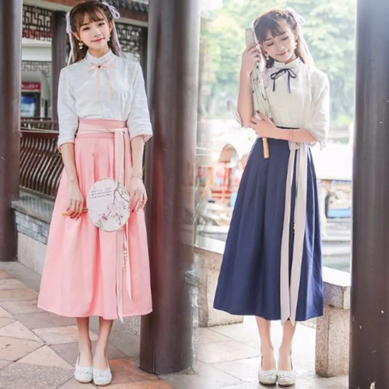 

Women Clothes Ancient Chinese Costume College Style Student Han Element Classic Clothes Ethnic Girls Hanfu Outfits Blue Pink