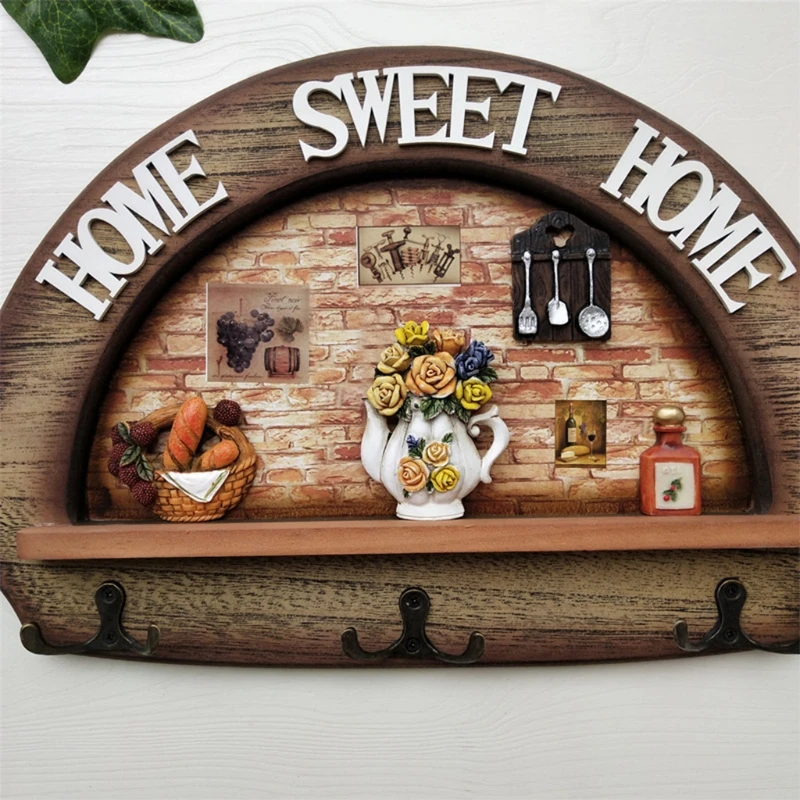 

Mediterranean Style Retro Wood Clothes Hanger Wall Mounted Coat Hook Key Holder 94PF