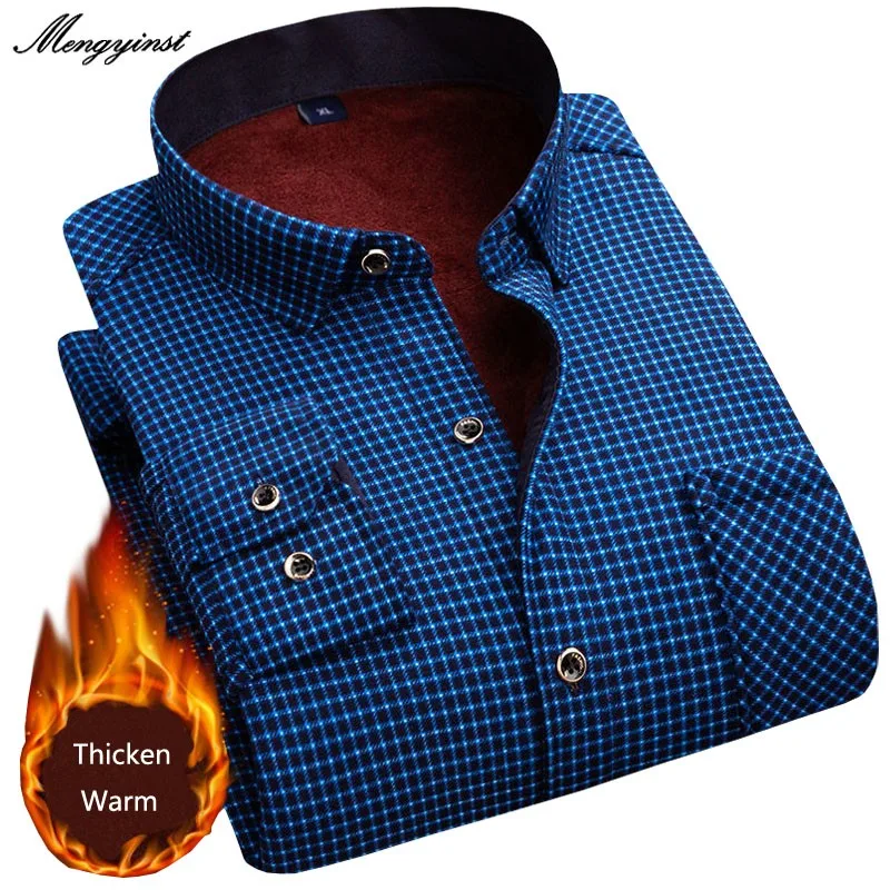 

2022 Men's Winter Lining Thicken Warm Shirt Flannel Long Sleeve Men Business Casual Fashion Plaid Dress Shirts Slim Fit Clothes