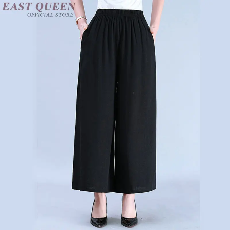 

Pleated Pants Woman Big Size Cotton Linen Capris Elastic Waist Solid Color Older Womens Trousers 2019 Wide Leg Pants 2019 AA4896