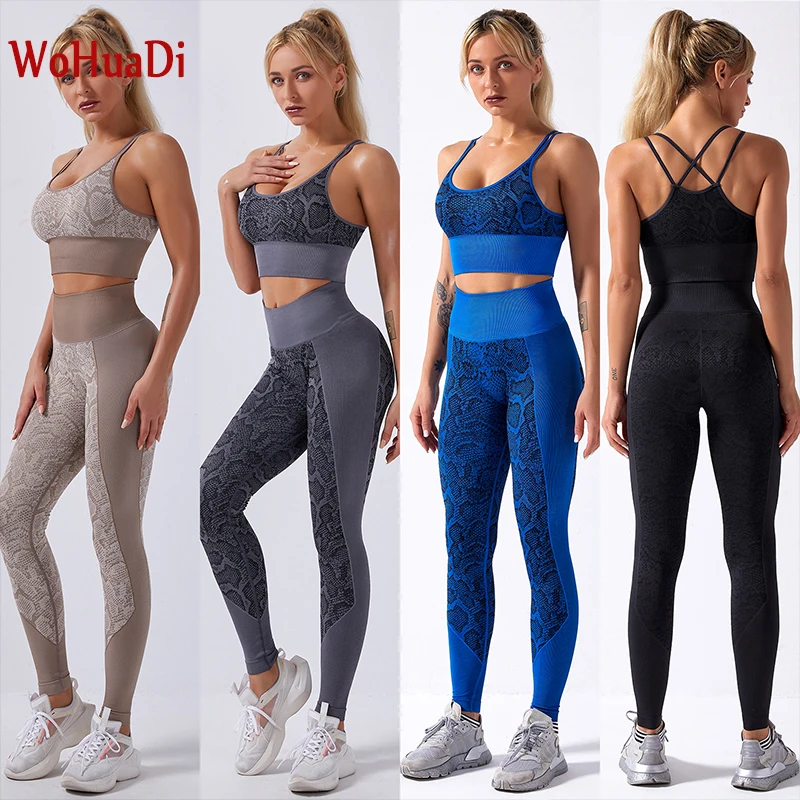 

Спортивный костюм WOHUADI для женщин, комплекты для бега, спортивная одежда для фитнеса, женская спортивная одежда 2022, вязаный костюм со змеины...