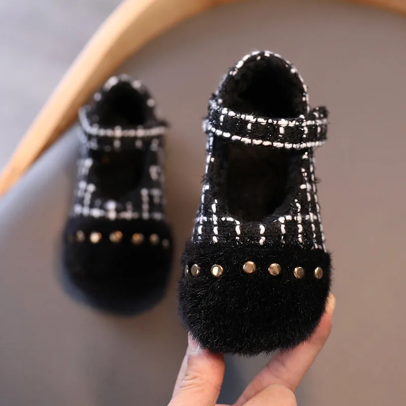 

Princess Shoes For Little Baby Girls Dress Fashion Rivet Furry Grid Leather Kids Party Wedding Child Toddler Shoes 1 2 3 4 5 6
