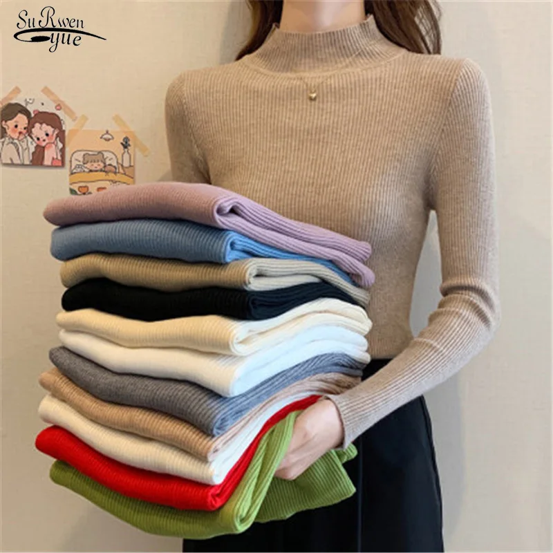 

Autumn Winter New Turtleneck Knitted Sweater Solid Women Pullovers Sweater Women Tops Long Sleeve Short Slim Sweater Girls 17280