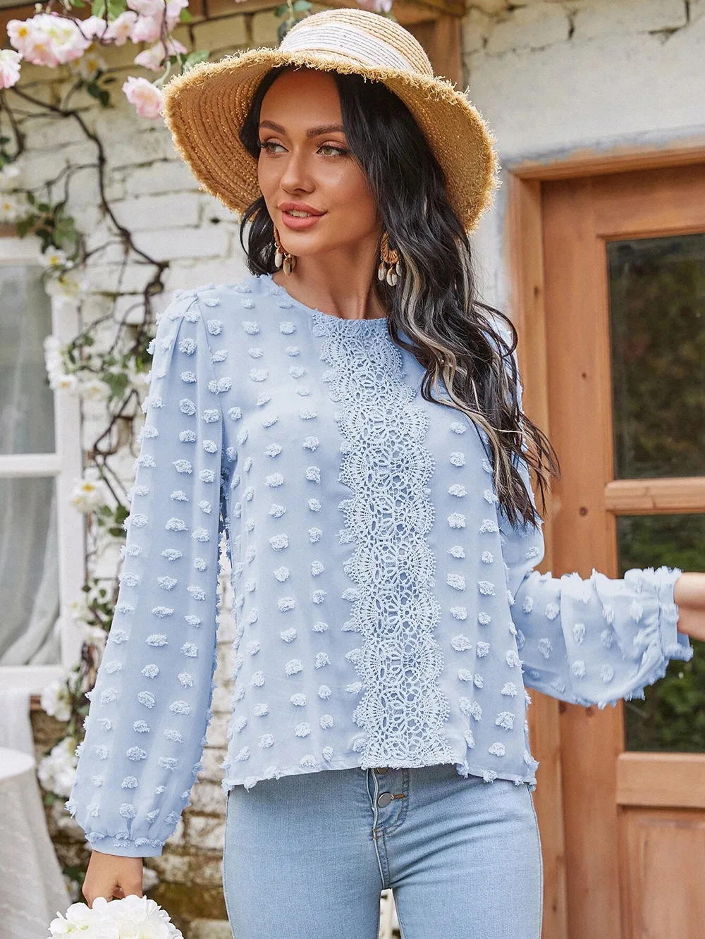 

Блузка женская, однотонная, кружевная, с круглым вырезом и длинным рукавом, Y2k, весна-осень