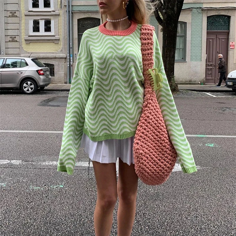 

Knitted Pullover Sweater Women Casual O Neck Loose Sweater Winter Y2K Top Fashion Green Striped Sweaters Oversized Outwear