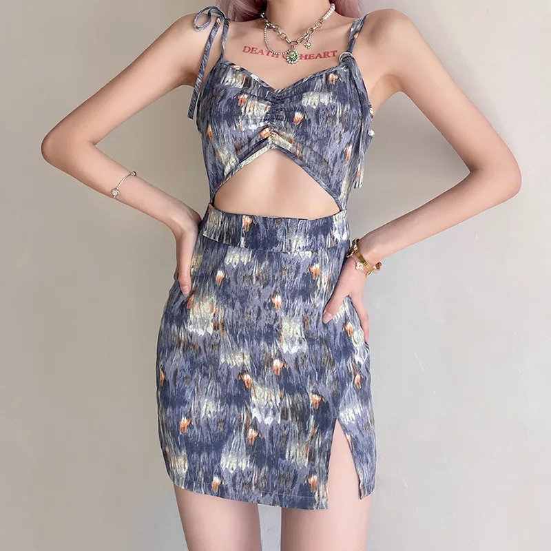 

Sexy Womens Mini Dresses High Waist Hollow Out Backless Tie-Dye V-Neck Slim Hollow Sling Split A-Line Robes Street Fashion 2021