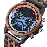 gmt dual time zone luminous mens watch auto calendar pilot military full wooden band mens quartz wristwatches retro reloj 2022