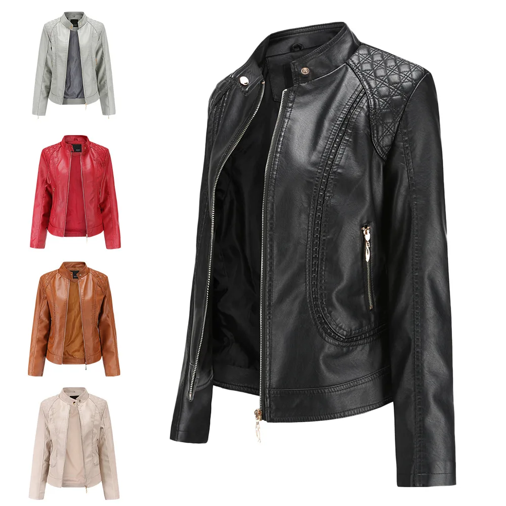 2021 new spring and autumn temperament European and American large stand collar PU leather women's leather jacket