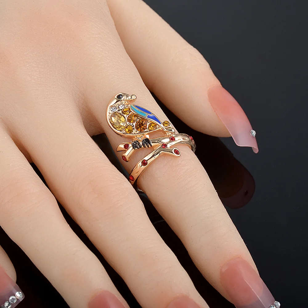 Fashion Women's Red Orange Gold Zircon Crystal Bird Flower Ring Hummingbirds Animal Wedding Engagement Boho Jewelry Gift | Украшения и