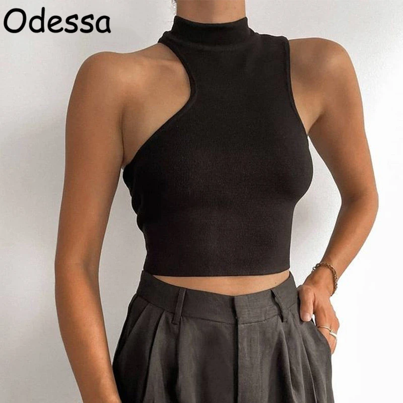 

Odessa Summer Casual Knit Ribbed Turtleneck Solid Crop Top Y2K Sexy Black Beige Sleeveless Skinny Women Cutout Tank Tops Fashion