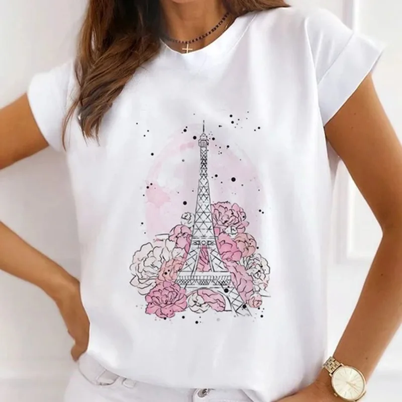 

Eiffel Tower Oversized T-shirt Princess Printed T Shirt Women Summer Casual Short Sleeves Shirt Vogue Tops Female T-shirt