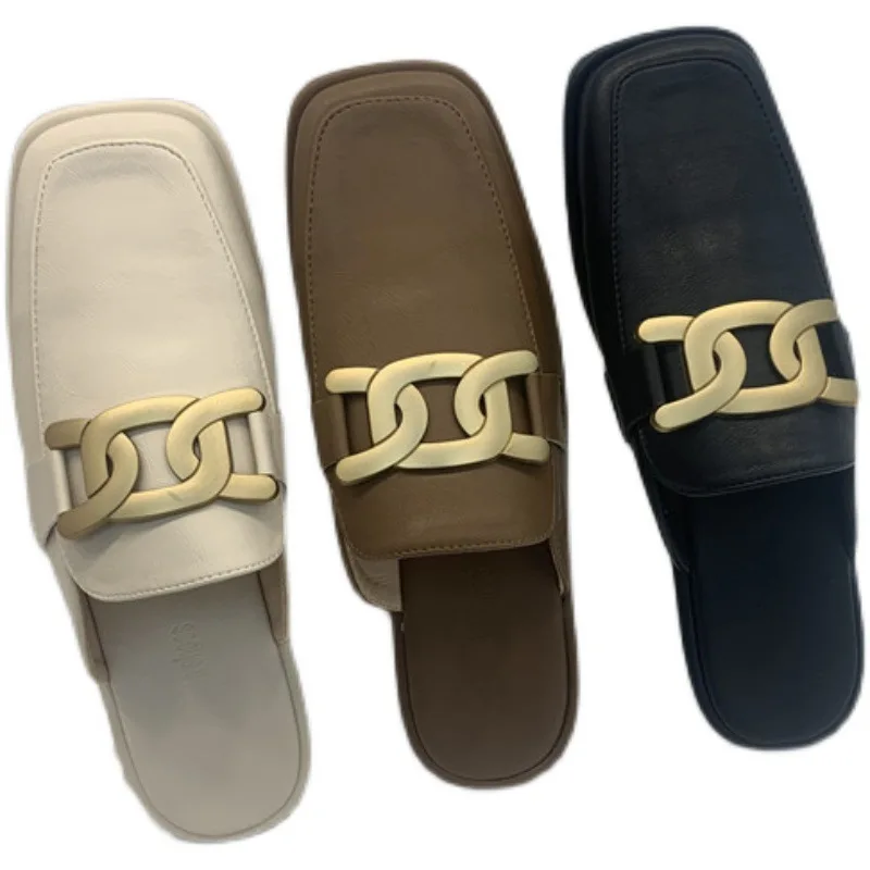 

Square Toe Rivet Female Shoes Loafers Low Slippers Casual Mules For Women 2021 Slides New Luxury Flat Soft Fabric Rubber Fashion