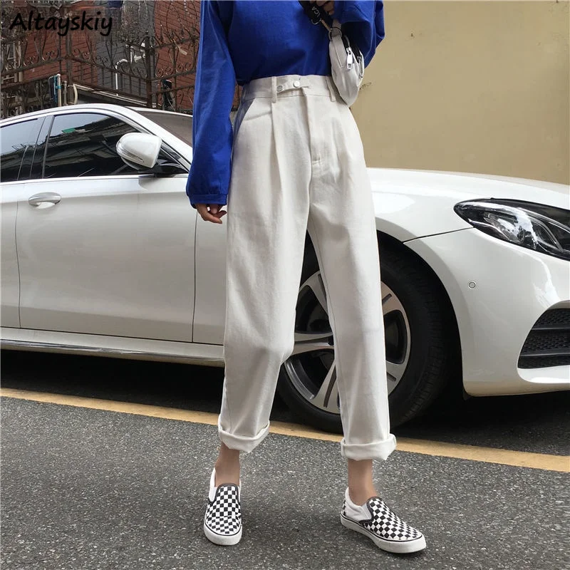 

Jeans Women BF Straight Loose Solid High Waist Simple All-match Chic Casual Womens Trousers Harajuku Korean Pockets Fashion HOT