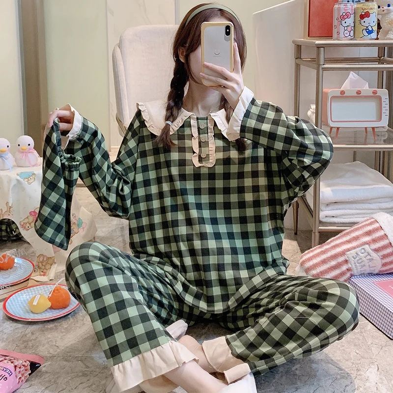 

Pajamas Women's Spring and Autumn 2021 Internet Hot Cute Green-Blue Cotton Long Sleeve Large Size Outdoor Homewear Suit