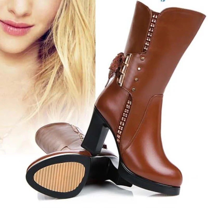 

Designer Zipper High Heels Shoes Women 2021 Winter Fashion Party Pumps Sexy Boots New Mid Calf Chunky PU Leather Chelsea Botas