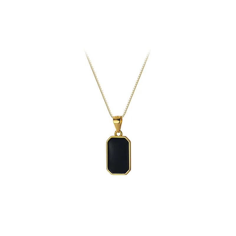 

"letter engraved" 100% real. Sterling Silver 925 Fine Jewelry Black Enamel Square Pendant Necklace C-D8434