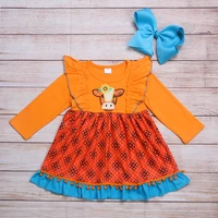 autumn girls clothes orange long sleeve yellow flowers on the head cow head embroidery pattern girl dresses