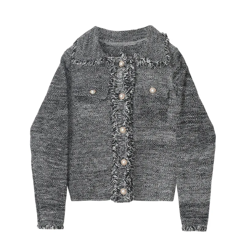 

High Quality Pocket Diamond Bow Wool Vintage Fringed Tassels Tweed Jacket Luxury Coat Women Long Sleeve Ladies Sweaters Knitted