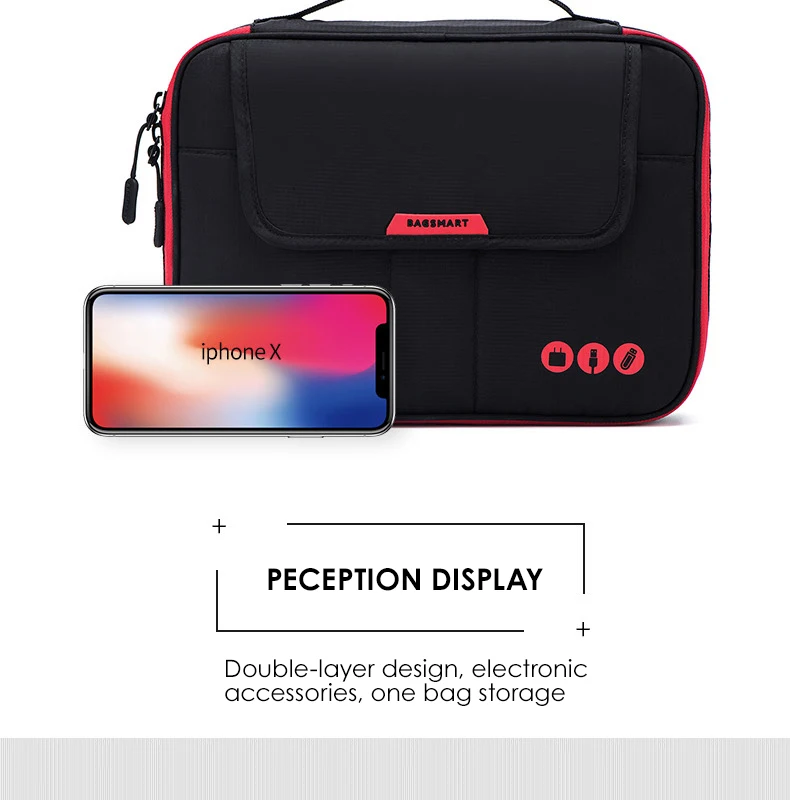 BAGSMART дорожные электронные аксессуары Органайзер двухслойная сумка для хранения Большая вместительная сумка для iPad Kindle адаптер питания