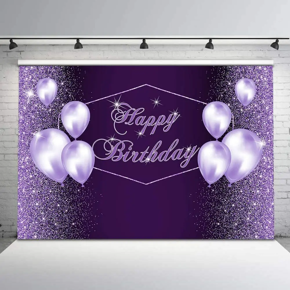 Пурпурный фон для дня рождения с воздушными шарами баннером фотография