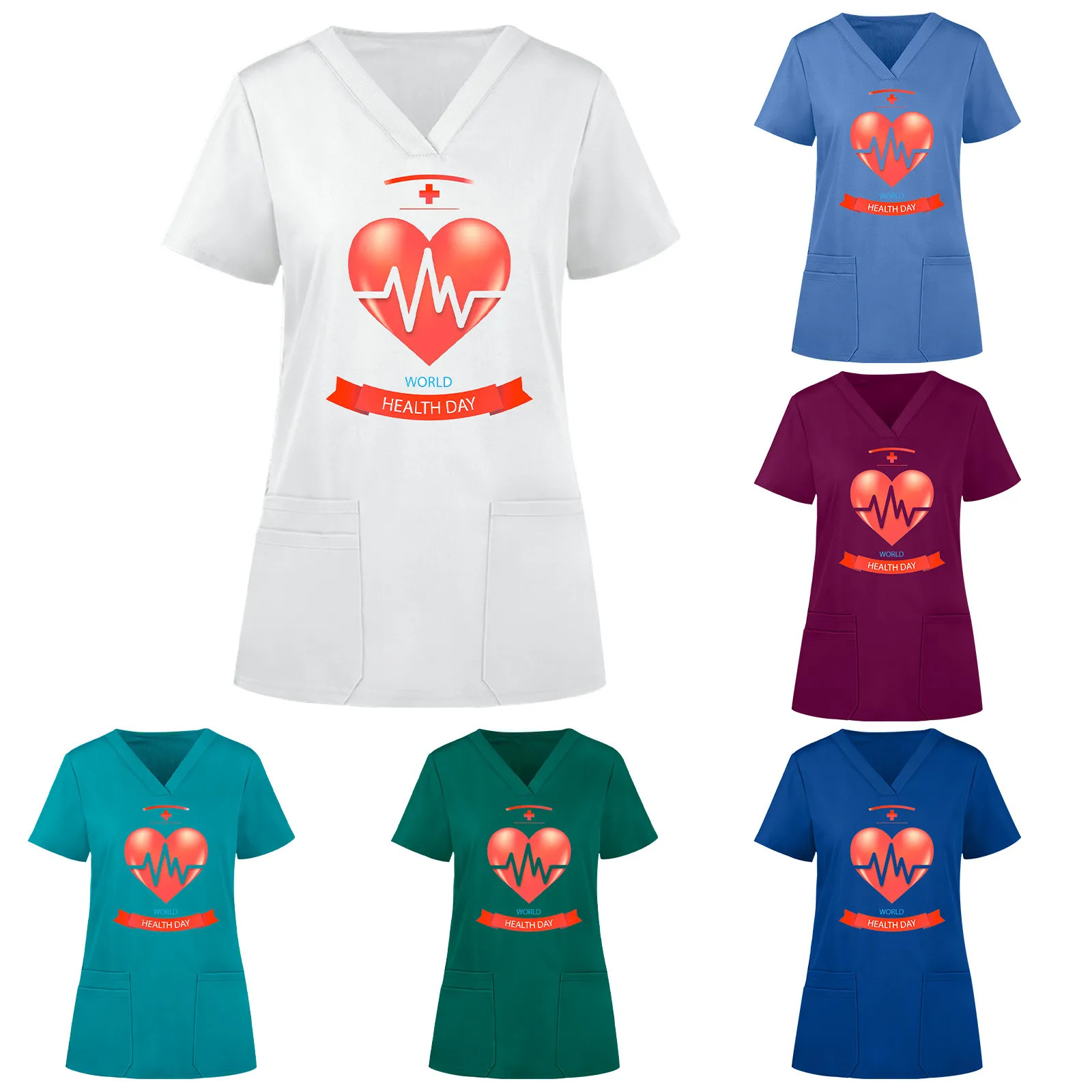 

Ladies hot style nursing work clothes love short-sleeved V-neck pocket V-neck plus size nursing work top D*