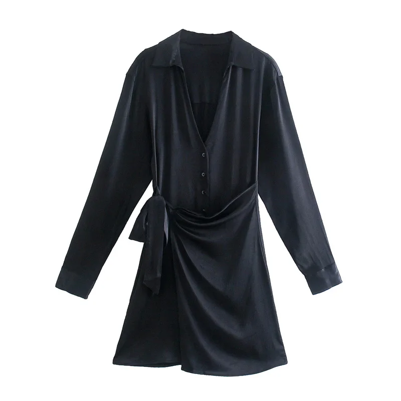 

Women 2021 za chic fashion pleated soft touch mini dress vintage deep v neck long sleeve female dresses vestidos