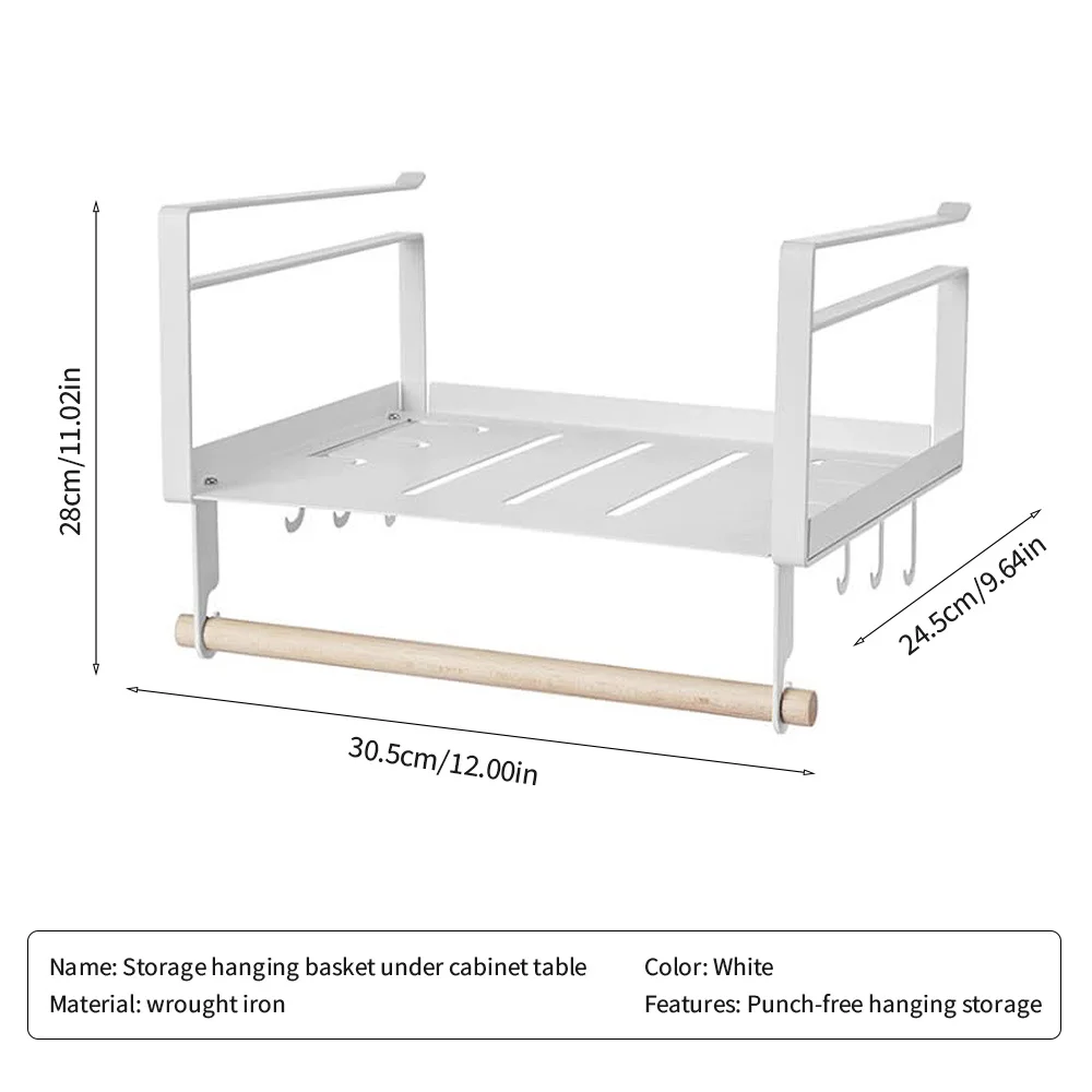 

Punch-Free Iron Storage Basket Shelf Spice Can Holder Rack With Towel Rod Hooks Cupboard Hanging Basket Rack Kitchen Organizer